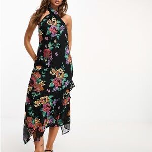 River Island Black Floral Asymmetrical Dress